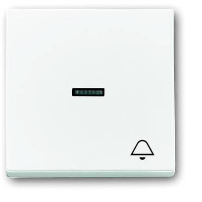 Ein weißer Lichtschalter mit einem minimalen schwarzen Streifen in der Mitte und einem Glockensymbol in der unteren rechten Ecke.