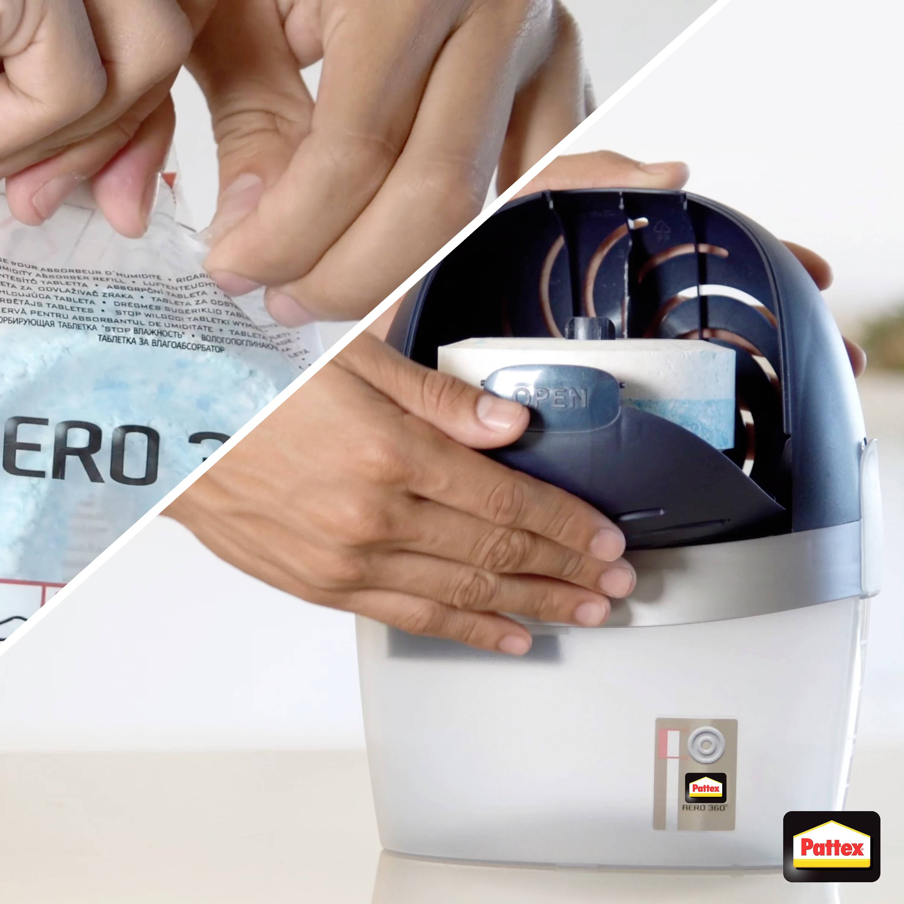 Zwei Bilder: Oben wird ein Beutel geöffnet, unten eine Hand, die einen Luftentfeuchter mit Pattex-Logo bedient.