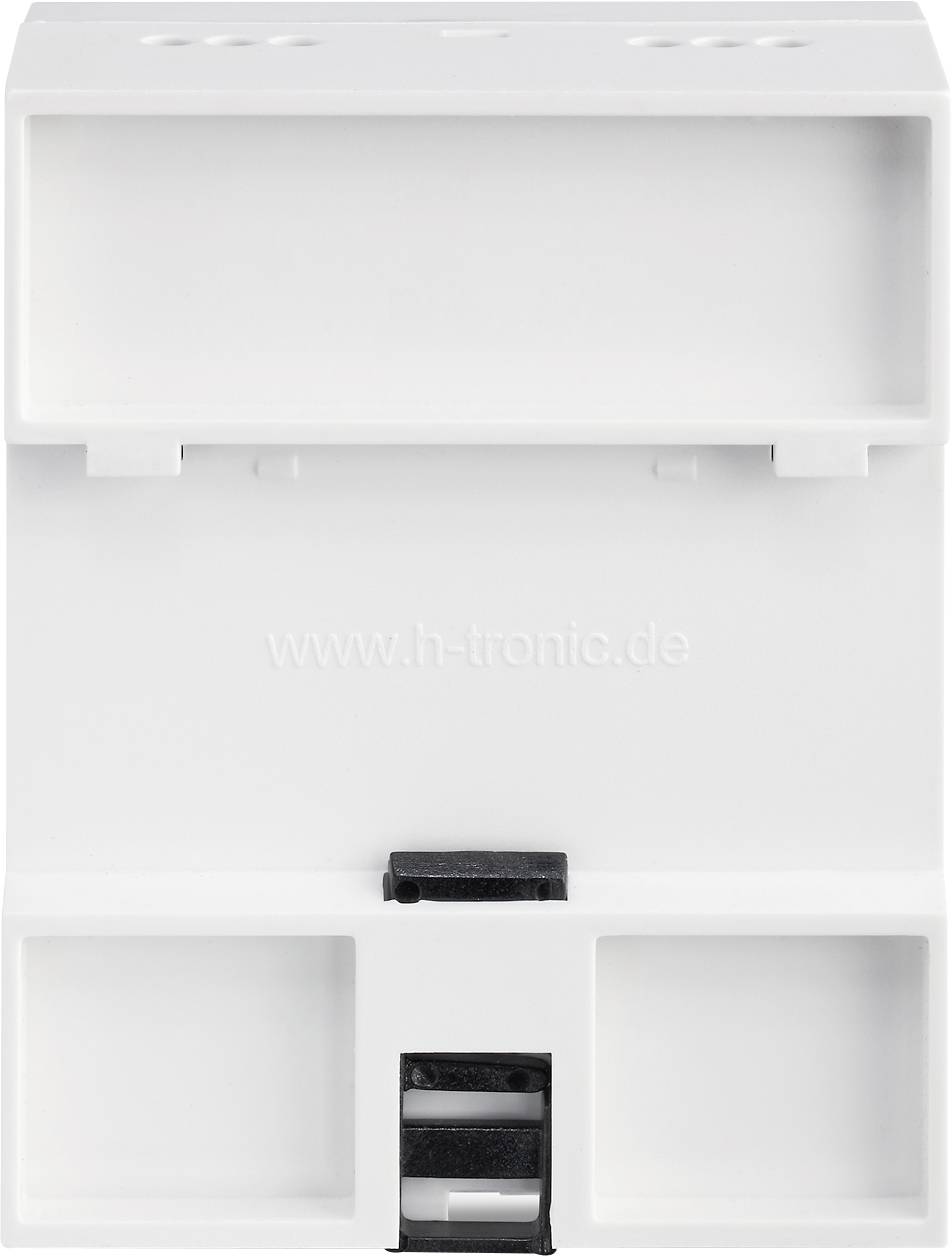 Weiße Plastikbox mit mehreren rechteckigen Fächern; Vorderseite zeigt Logo 'www.h-tronic.de'.