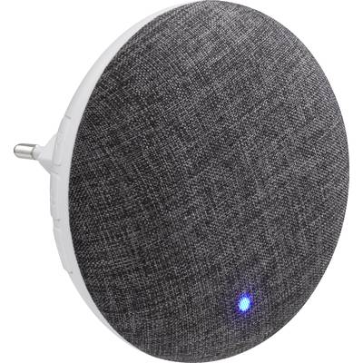 Ein runder, grauer Lautsprecher mit blauer LED-Anzeige an der Vorderseite.