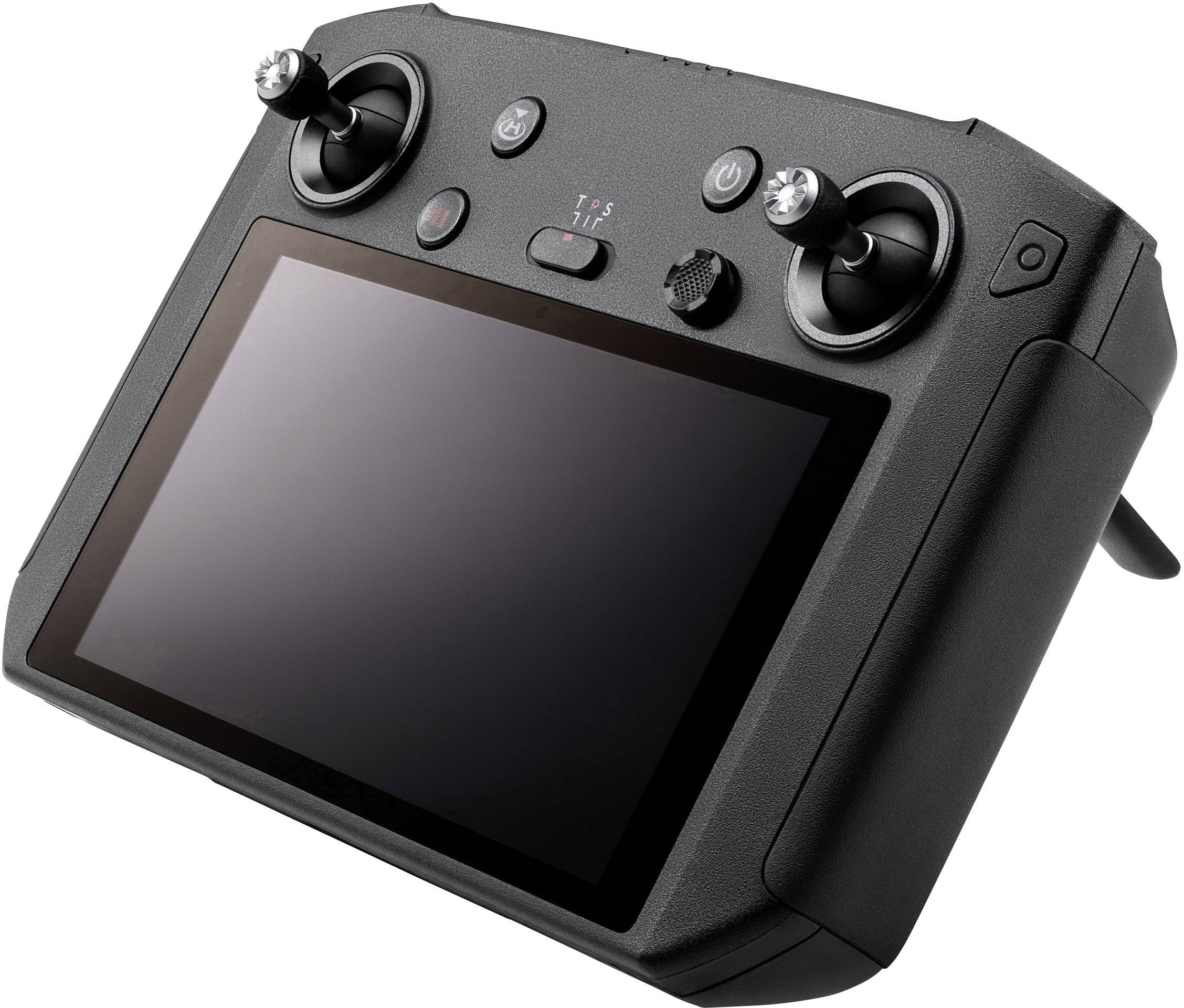 Ein schwarzer Fernsteuerungscontroller mit integriertem Bildschirm und zwei Steuerknüppeln, verwendet zur Steuerung von Drohnen.