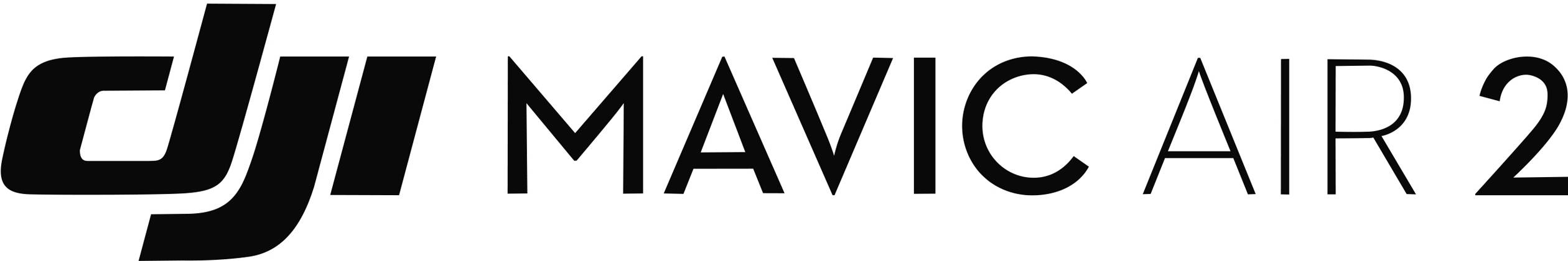 Schwarzes Logo des Drohnenherstellers DJI mit dem Modellnamen 'Mavic Air 2'.