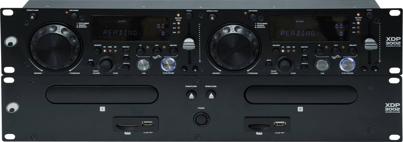 'Doppel-Disc-Player mit LCD-Display und Bedienelementen, geeignet für DJs und Musikveranstaltungen. USB-Ports für digitale Medien.'