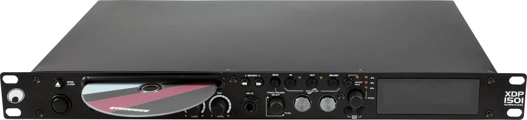 Ein schwarzer CD-Player mit offenem Fach und mehreren Bedienknöpfen sowie einem Display an der Vorderseite.