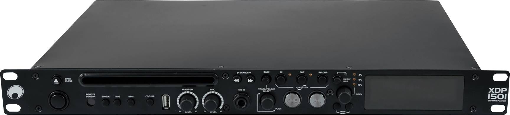 Ein schwarzes Audiogerät im Rack-Format mit mehreren Knöpfen, Bedienelementen und einem Display, das auf professionelle Audioanwendungen hinweist.