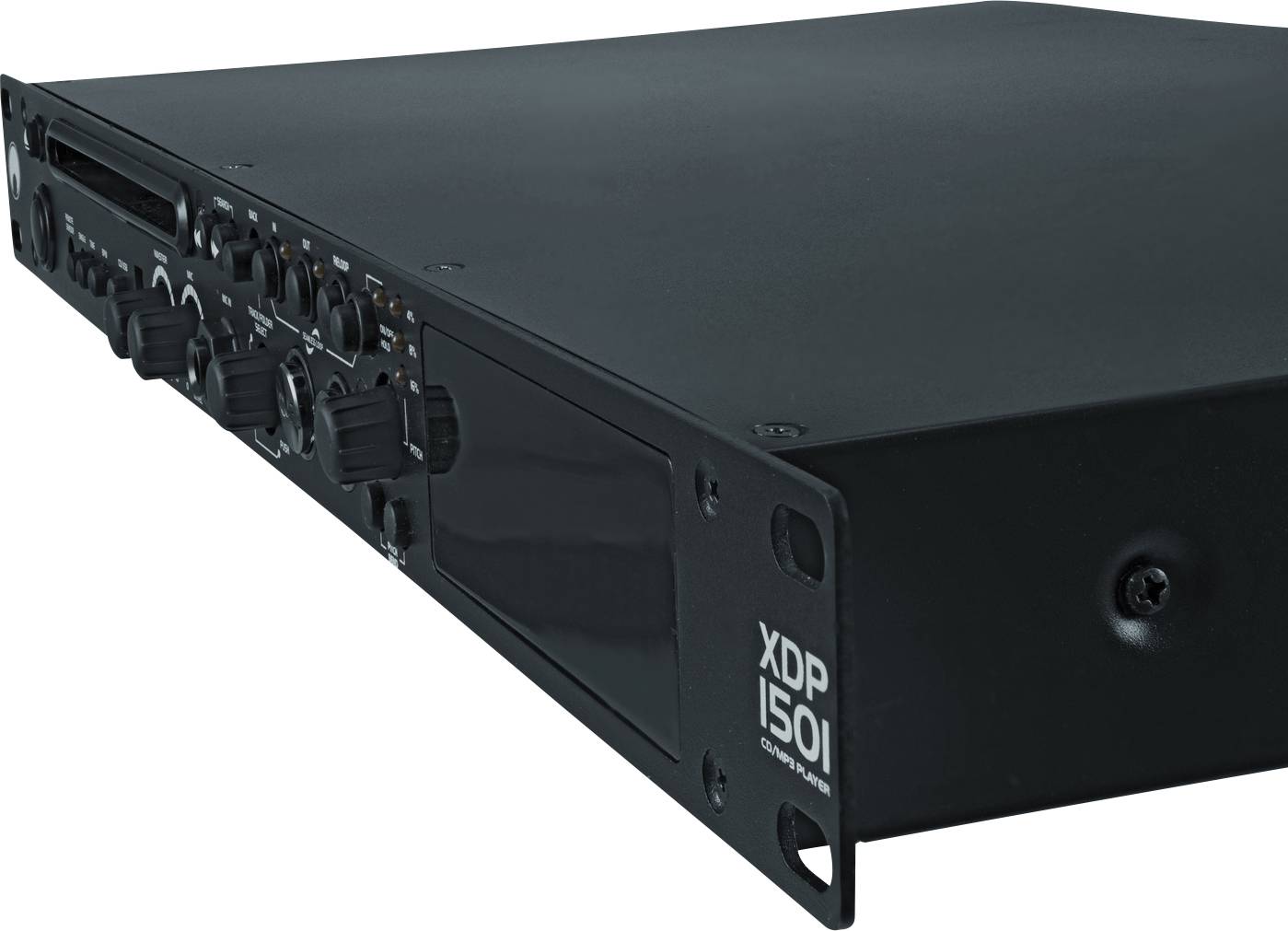 Ein schwarzer XDP-1501 Audioprozessor mit verschiedenen Einstellknöpfen und Anschlüssen auf der Frontseite.