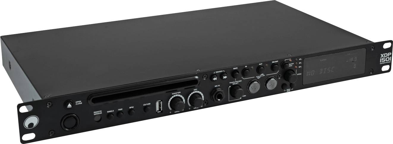 Ein schwarzer Audio-Player im Rack-Format mit verschiedenen Knöpfen, Drehreglern und einem Display auf der Vorderseite.