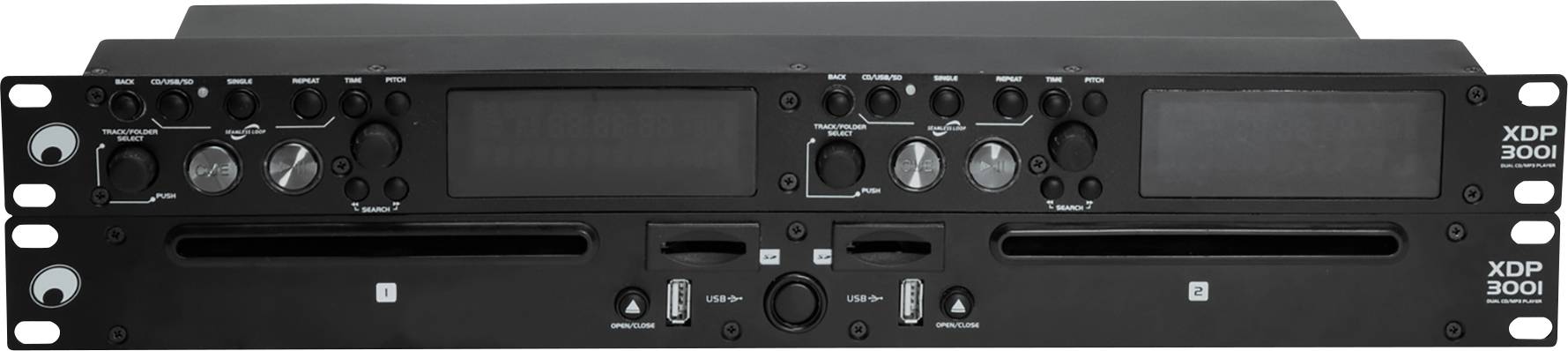 Eine schwarze Doppel-CD-Player-Konsole mit Displays, Knöpfen und zwei CD-Einschublöchern, beschriftet mit 'XDP-3000'.