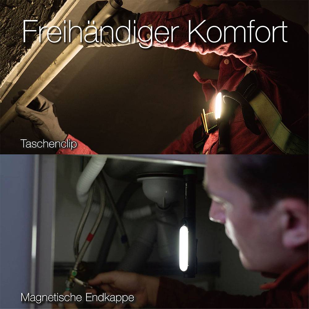 'Person sitzt in einem dunklen Raum und schraubt eine Glühbirne ein, beleuchtet durch eine an der Kleidung befestigte Lampe.'