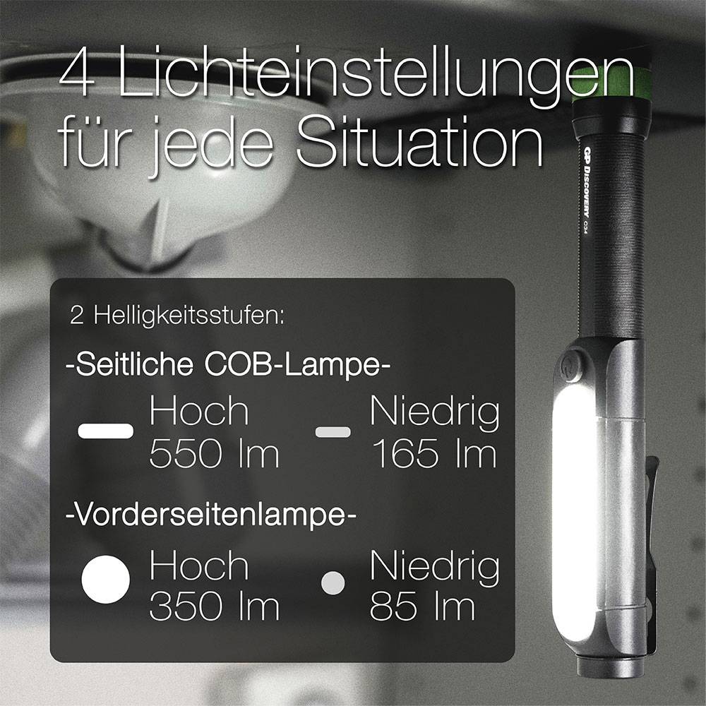 Taschenlampe mit 4 Lichteinstellungen: Hoch 550 lm, Niedrig 165 lm seitlich; Hoch 350 lm, Niedrig 85 lm vorne.