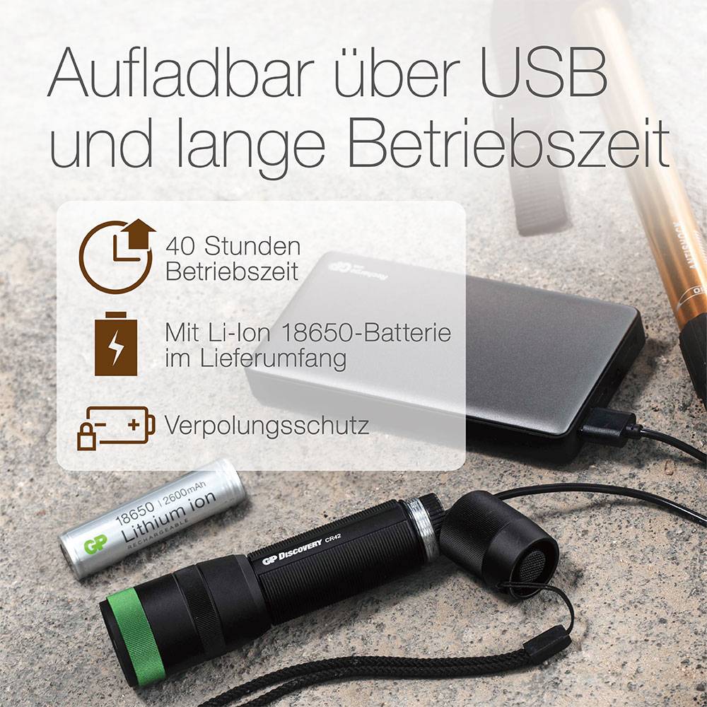 Eine Taschenlampe mit USB-Ladegerät und einer langen Betriebszeit von 40 Stunden. Enthält eine 18650-Li-Ion-Batterie.