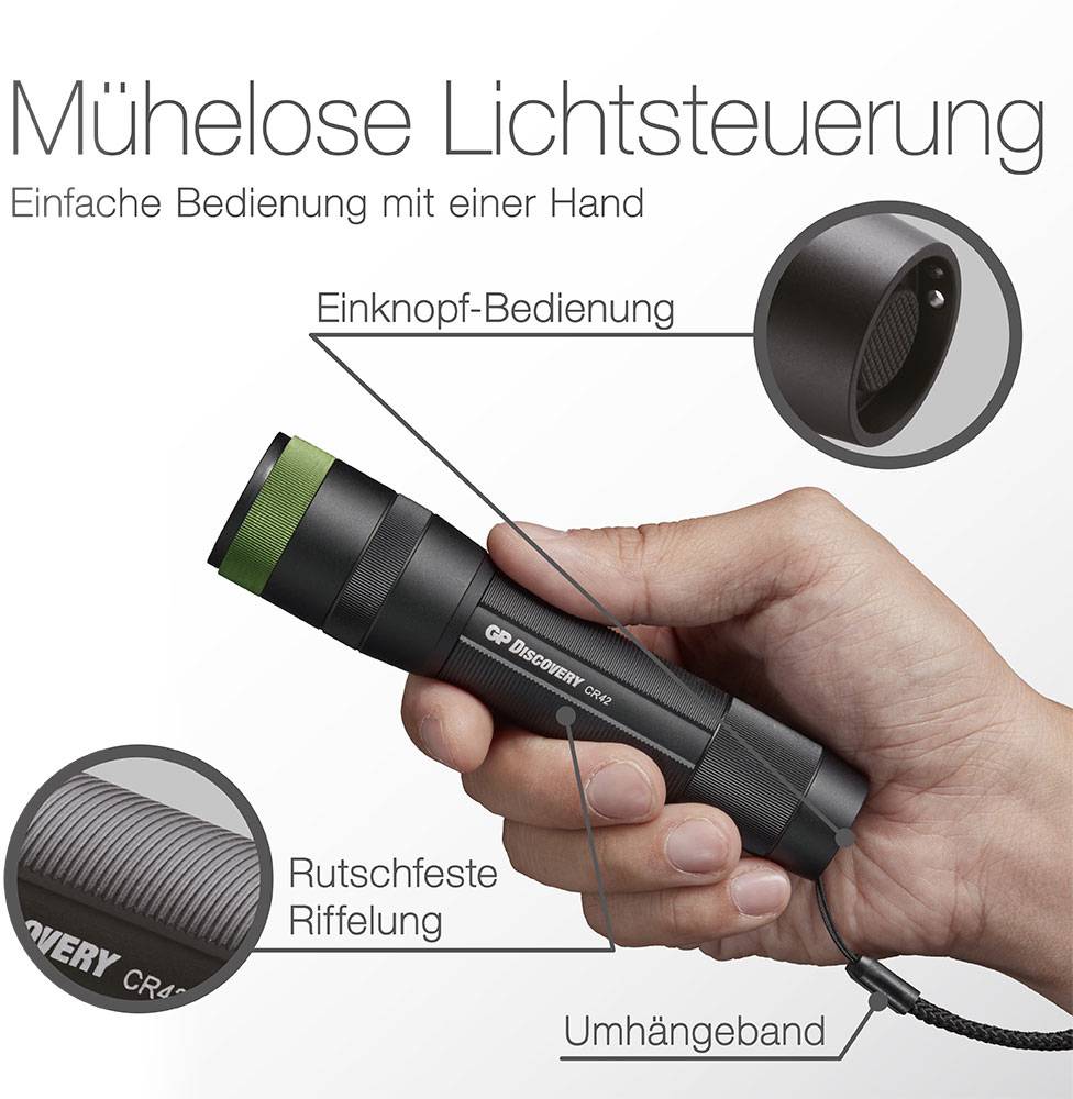 Eine Hand hält eine Taschenlampe mit ein grünen Rand. Text beschreibt 'Mühelose Lichtsteuerung', Fokus auf 'Einknopf-Bedienung' und 'Rutschfeste Riffelung'.