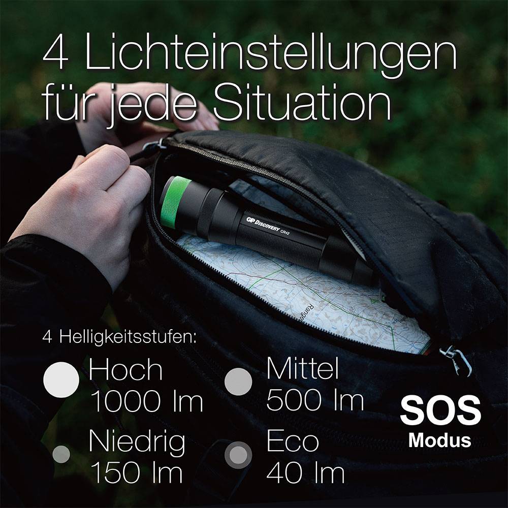 Vier Lichteinstellungen für jede Situation; Helligkeitsstufen: Hoch 1000 lm, Mittel 500 lm, Niedrig 150 lm, Eco 40 lm; SOS Modus.