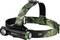Stirnlampe mit grün-schwarzem Kopfband und seitlich angebrachtem Licht, geeignet für Outdoor-Aktivitäten wie Wandern oder Camping.