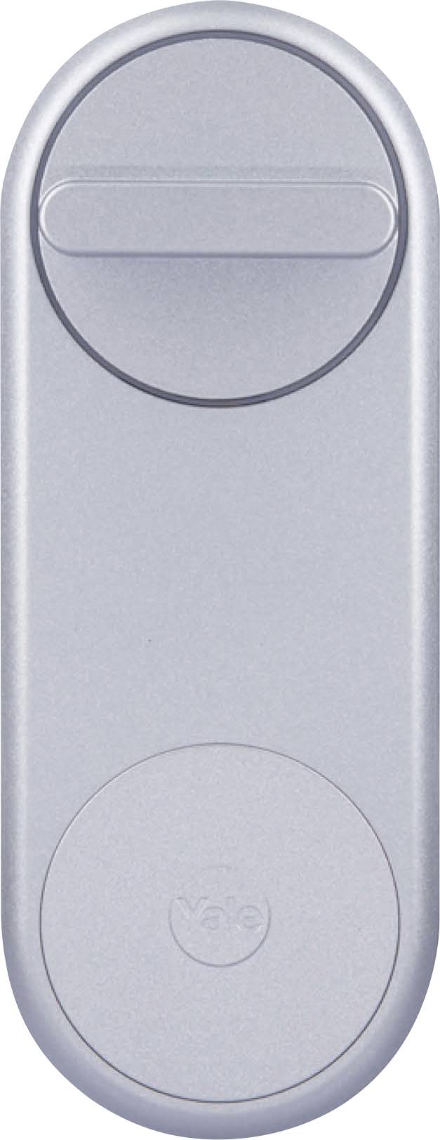 Ein ovaler, silberner Türbeschlag mit Drehknauf und kleinem Logo unten. Geeignet für moderne Türsicherungssysteme.