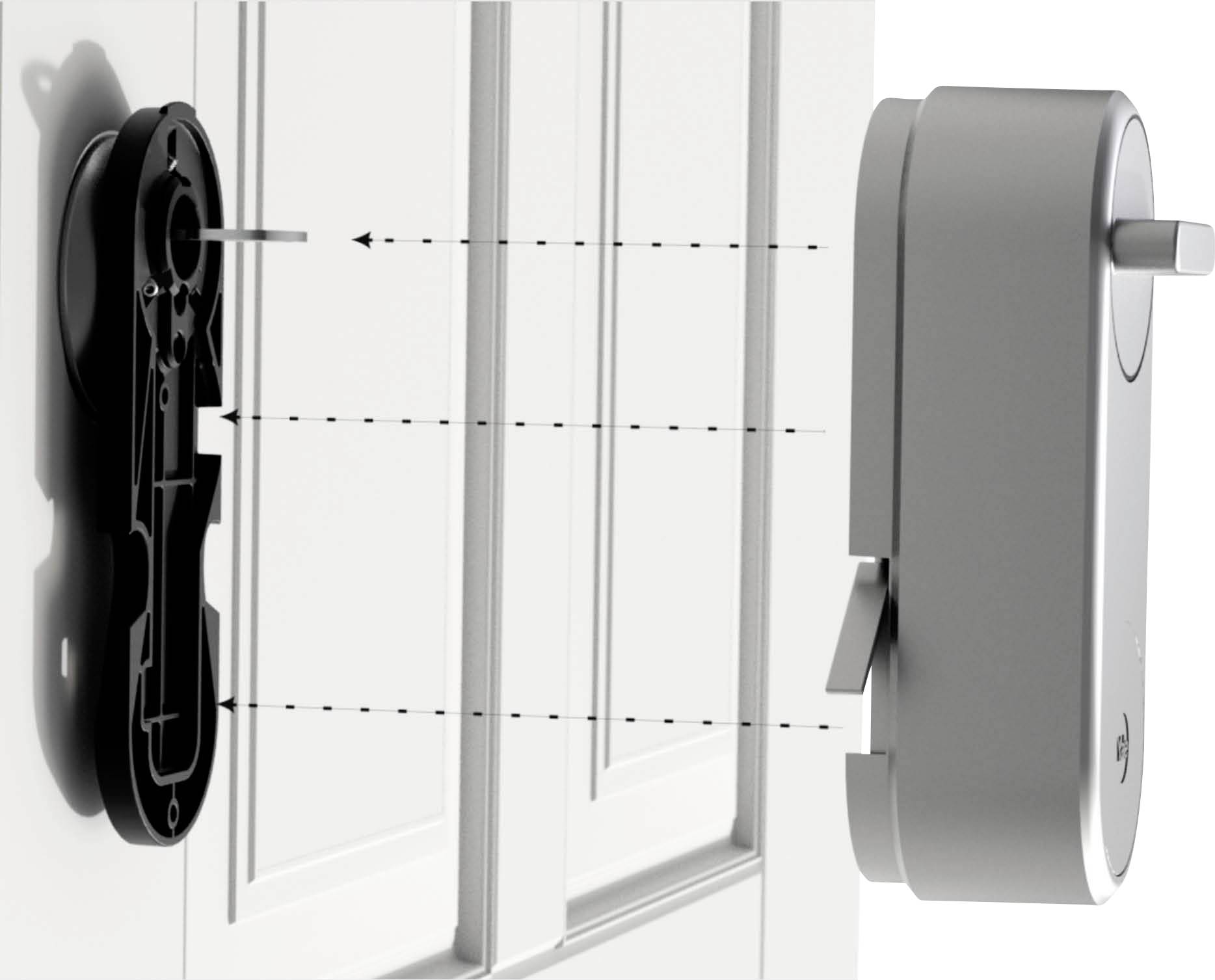 ''Explosionsdarstellung eines smarten Türschlosses, bestehend aus einer Montageplatte und einem Hauptmodul, das mit einem Schließmechanismus verbunden wird.''