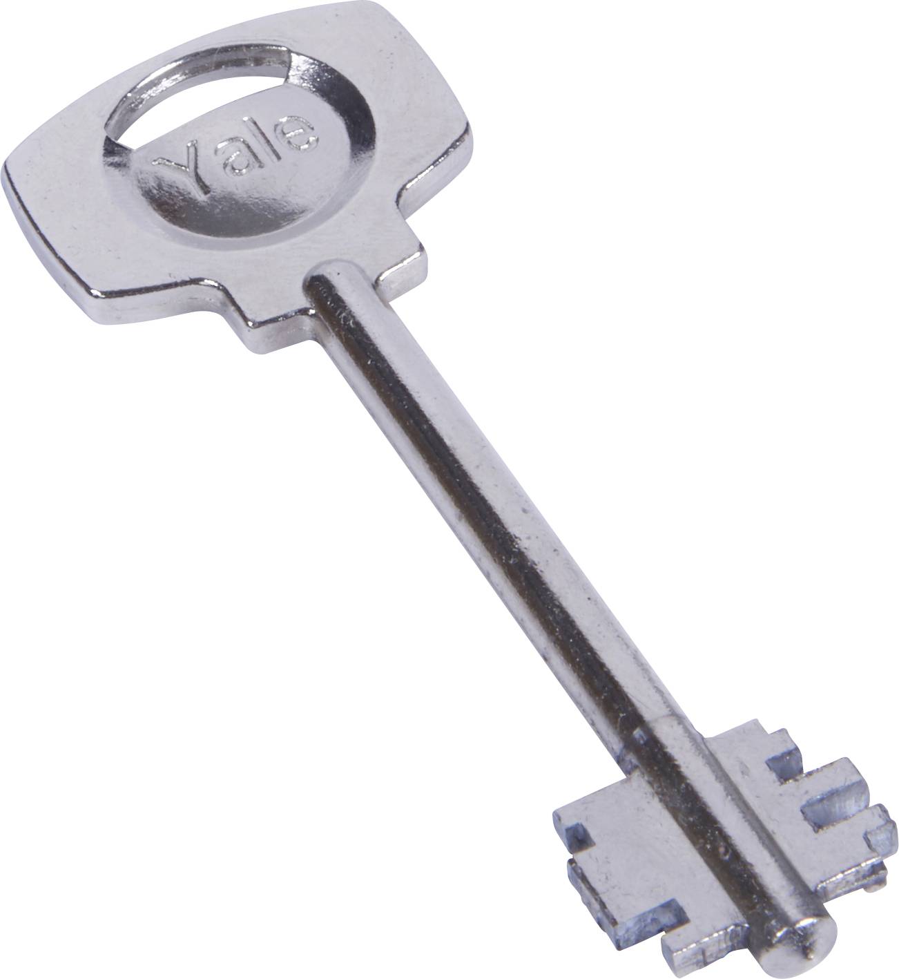 Ein silberner Metallschlüssel mit rechteckigem Kopf und der Aufschrift 'Yale', verwendet zum Öffnen von Schlössern.