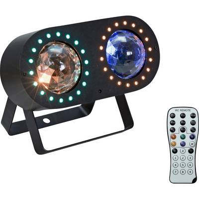 Schwarz-weißes Partylicht mit zwei Glaskugeln und bunten LED-Ringen. Eine Fernbedienung liegt daneben. Ideal für Beleuchtungseffekte.