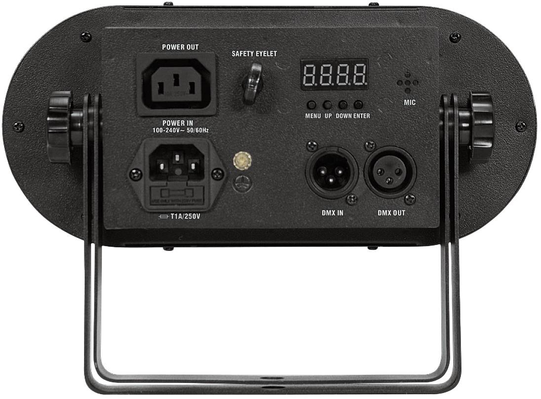 Rückseite eines Bühnenscheinwerfers mit Stromanschlüssen, Mikrofon-Eingang, DMX-Ein- und Ausgang, Sicherheitsöse und Bedienfeld für Menüeinstellungen.