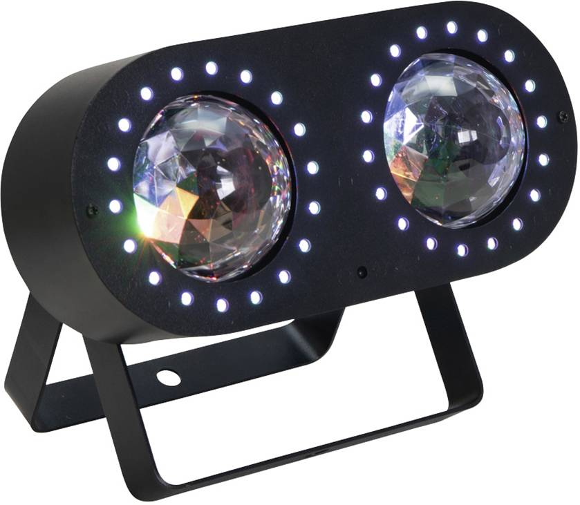 Schwarzer LED-Lichteffekt mit zwei prismatischen Linsen und leuchtenden LED-Ringen, auf einem Ständer montiert. Ideal für Partys.