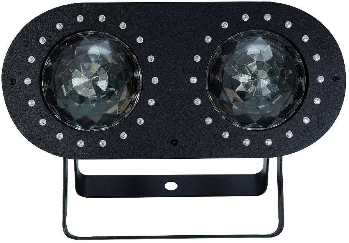 Ein schwarzes LED-Lichteffektgerät mit zwei gläsernen Linsen in der Front, umgeben von kleinen LED-Lichtern. geeignet für Bühnenbeleuchtung.