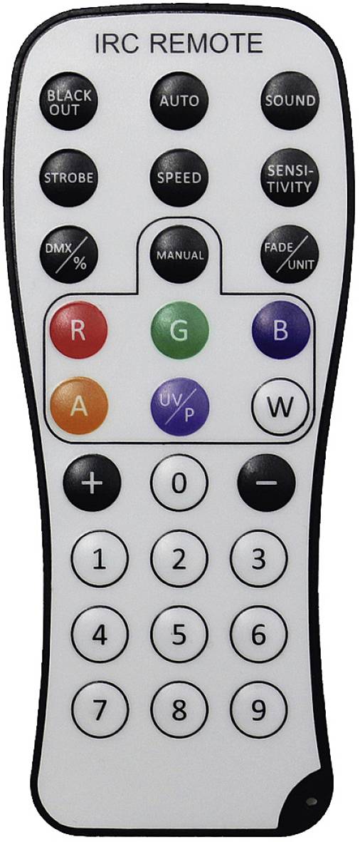 Fernbedienung mit verschiedenen Tasten: Farben (R, G, B, W), Zahlen 0-9, Modi wie 'AUTO', 'SOUND', 'STROBE', und Steuerelementen.