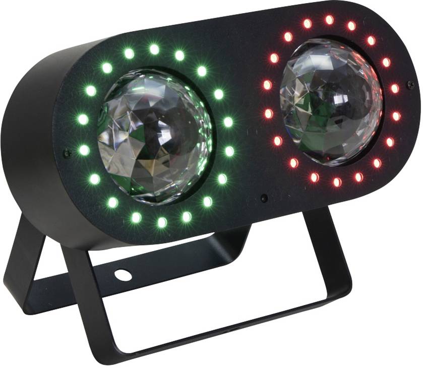 LED-Discolicht mit zwei runden Linsen, umgeben von rot und grün leuchtenden LEDs, auf einem schwarzen Ständer.用于考虑中的图像