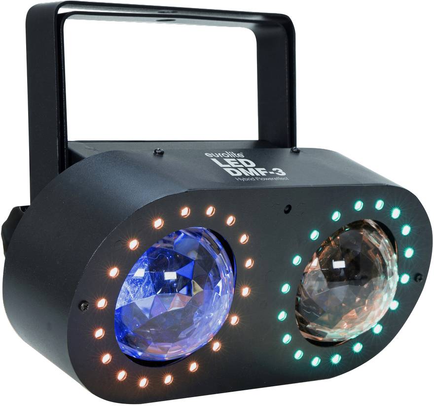 Ein Bühnen-Lichteffektgerät mit zwei farbigen Linsen und mehreren LED-Leuchten an der Vorderseite, geeignet für Partybeleuchtung.