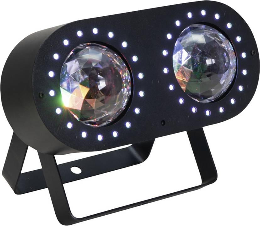 Schwarzer LED-Doppelstrahler mit zwei prismatischen Glaskugeln und umgebenden kleinen Lichtern auf Ständer, erzeugt Lichteffekte.