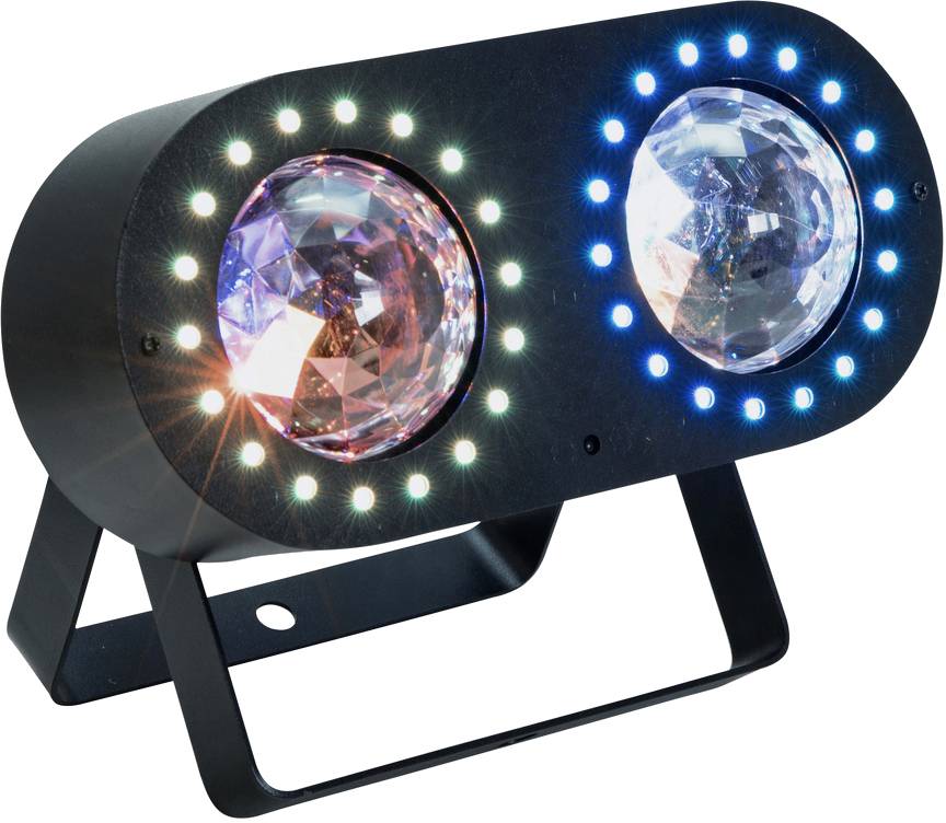 Schwarzes Partylicht-Gerät mit zwei durchsichtigen kugelförmigen Linsen, umgeben von kleinen bunten LEDs.