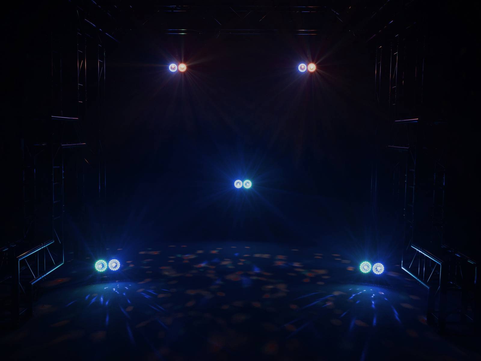 'Dunkle Bühne mit beleuchteten Scheinwerfern in Blau und Rot, die den Raum erhellen. Eignung für Veranstaltungen oder Performances.'