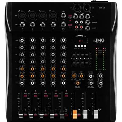 Schwarz-graues Audiomischpult mit mehreren Reglern, Knöpfen und Anschlüssen, markiert mit 'IMG Stageline MXR-60'.