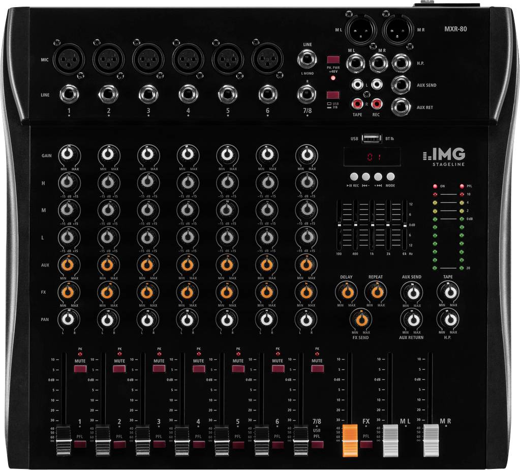 Ein Mischpult mit mehreren Reglern und Anschlüssen zur Steuerung von Audiopegeln und -effekten.