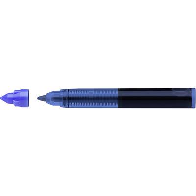 Ein blauer Marker mit abgenommenem Deckel. Der Stift zeigt eine dicke, abgeschrägte Spitze, geeignet zum Hervorheben von Texten.