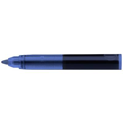 Ein blauer Kugelschreiber mit transparenter Kappe liegt horizontal. Der Stift zeigt nach links.