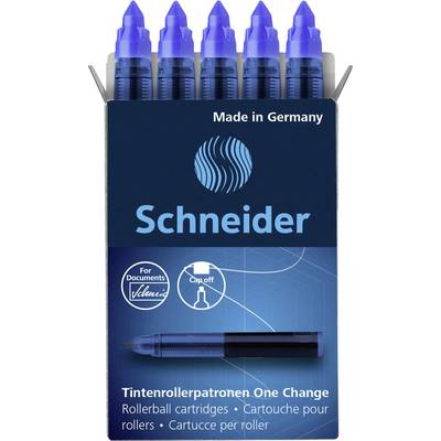 Eine Verpackung mit blauen Schneider-Tintenrollerpatronen. Text: 'Made in Germany', 'Schneider', 'Tintenrollerpatronen One Change'.