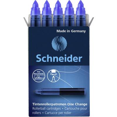 Packung mit sechs blauen Tintenrollerpatronen der Marke Schneider. Text: 'Made in Germany', enthält Patrone und Kappenschalter.
