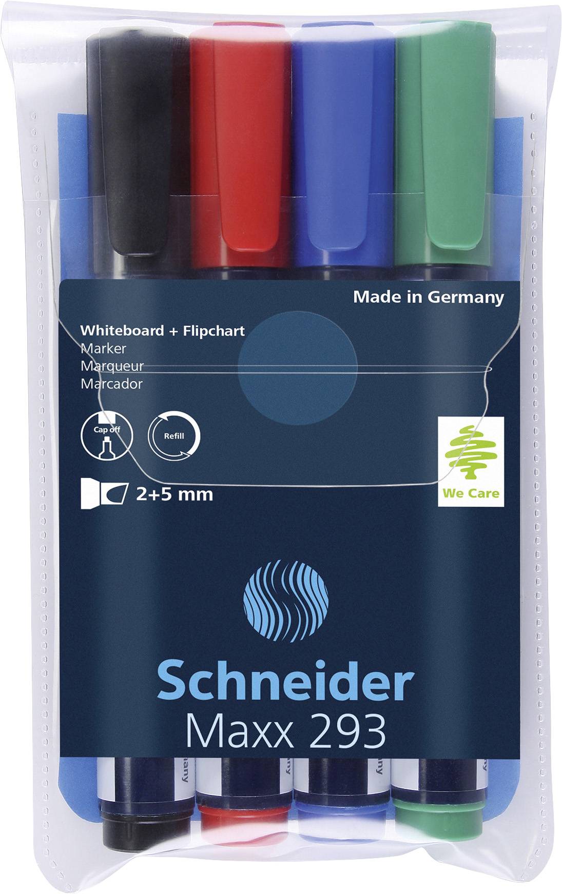 Vier Whiteboard-Marker in einer Verpackung: schwarz, rot, blau, grün. Markenname 'Schneider Maxx 293', mit wechselbaren Spitzen.