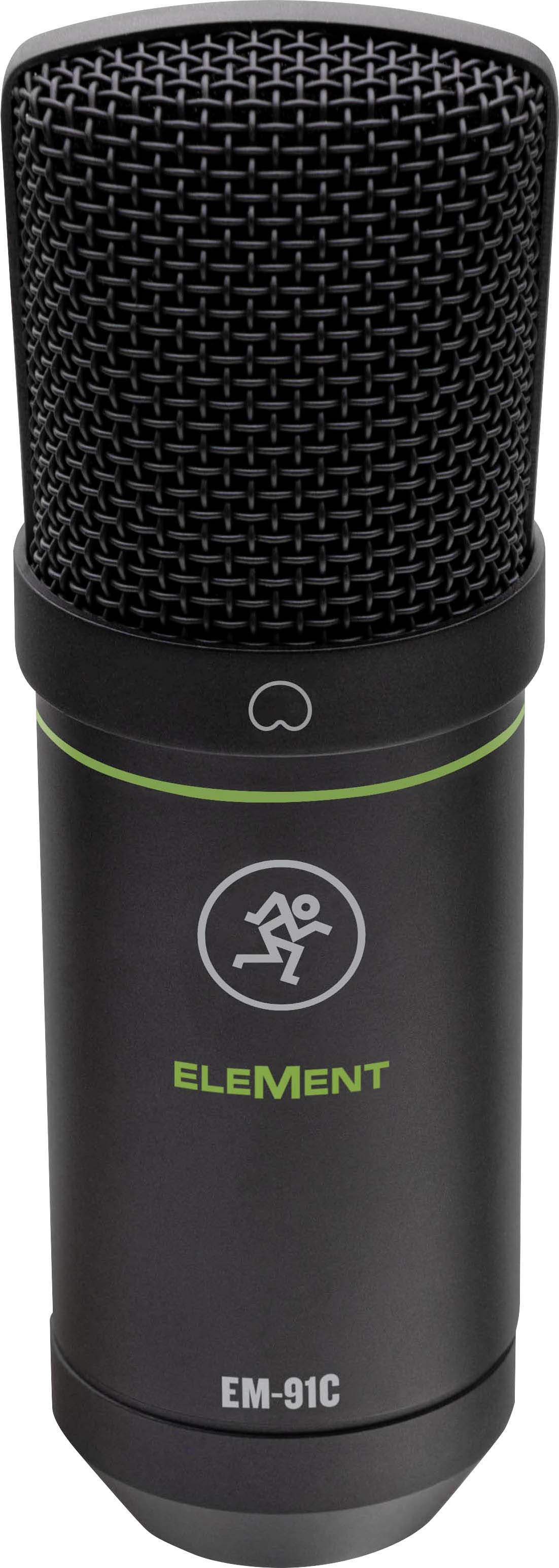 Schwarzes Mikrofon mit grünem Logo und der Aufschrift 'Element EM-91C'.