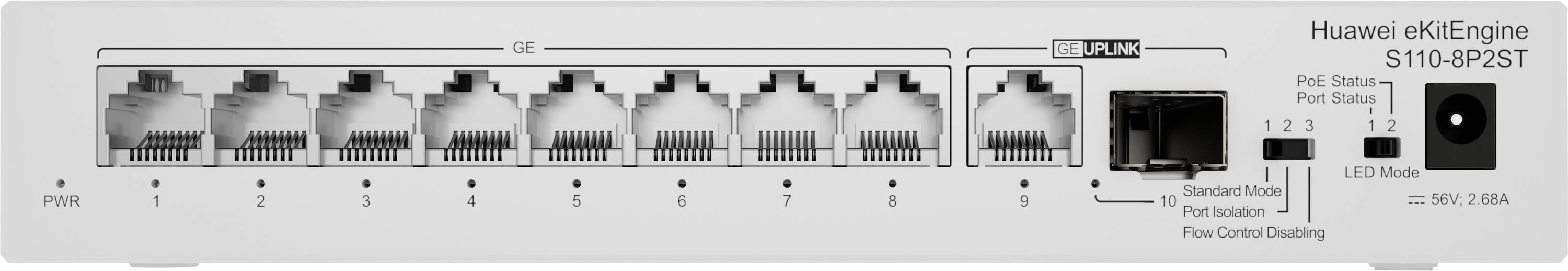 'Huawei eKitEngine S110-8P2ST' Netzwerk-Switch mit 10 Ports, Statusanzeigen und Moduswahlschalter.