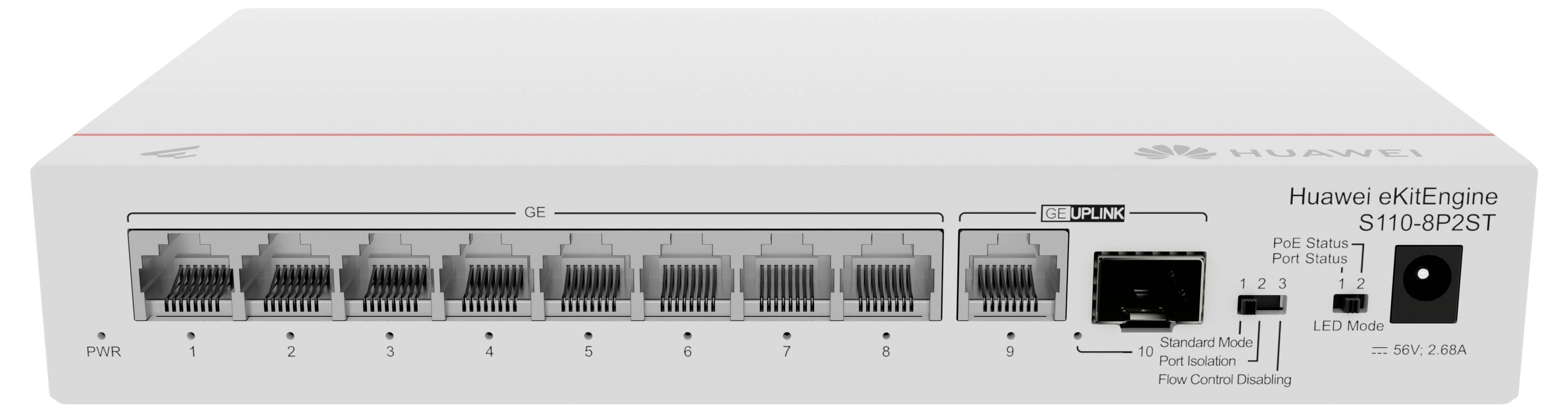 Ein Netzwerk-Switch mit acht Ethernet-Ports und zwei Glasfaser-Ports. Markenname und Modell 'Huawei eKIEngine S110-8P2ST' sichtbar.