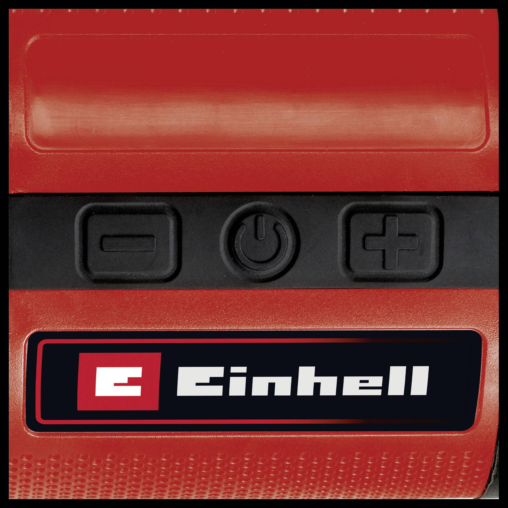 Roter Ein/Aus-Schalter eines Geräts mit 'Einhell'-Logo, umgeben von Plus- und Minussymbolen.