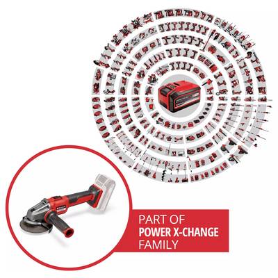 Ein Akkusystem im Zentrum ist umgeben von verschiedenen Elektrowerkzeugen in kreisförmiger Anordnung. Text: 'Teil der POWER X-CHANGE FAMILIE'.