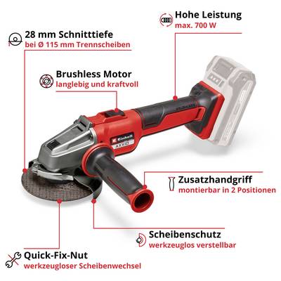 Akku-Winkelschleifer mit hervorgehobenen Merkmalen: 28 mm Schnitttiefe, Brushless-Motor, max. 700 W, Zusatzhandgriff in 2 Positionen, werkzeuglos verstellbarer Scheibenschutz und Quick-Fix-Nut.