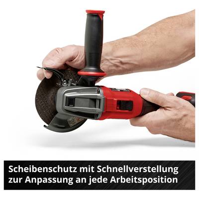 Nahaufnahme einer Winkelschleifer-Halterung mit Scheibenschutz und Schnellverstellung; Text: 'Scheibenschutz mit Schnellverstellung zur Anpassung an jede Arbeitsposition'