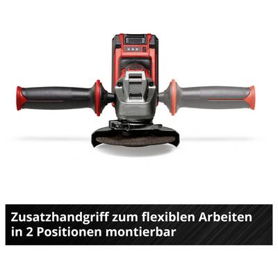 Akku-Winkelschleifer mit beidseitigem Zusatzhandgriff; Text: 'Zusatzhangriff zum flexiblen Arbeiten in 2 Positionen montierbar'<br>