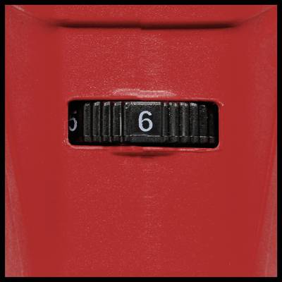 Rotes Gerät mit einem schwarzen Einstellrad, das auf die Zahl 6 zeigt.