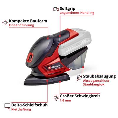 Ein roter und schwarzer Schleifer von Einhell mit Softgrip, Staubabsaugung, kompakter Bauform, Delta-Schleifschuh und großem Schwingkreis.