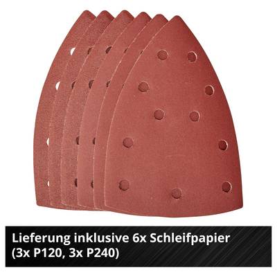 Sechs rote Schleifpapierblätter in Form eines Bügeleisens. Beschriftung unten: 'Lieferung inklusive 6x Schleifpapier (3x P120, 3x P240)'.