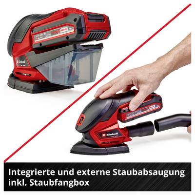 Die Abbildung zeigt einen roten Handstaubsauger mit einer Staubfangbox. Eine Hand bedient das Gerät. Text: 'Integrierte und externe Staubabsaugung inkl. Staubfangbox'.
